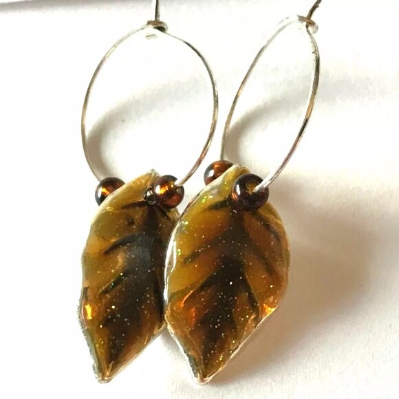 Gold Leaf Earrings Fall Thanksgiving Autumn Tree Leaves Halloween Harvest Plated - Picture 5 of 10
